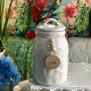 New! White Ceramic Canister With Wood Beading & Wood Beaded Tea Tag